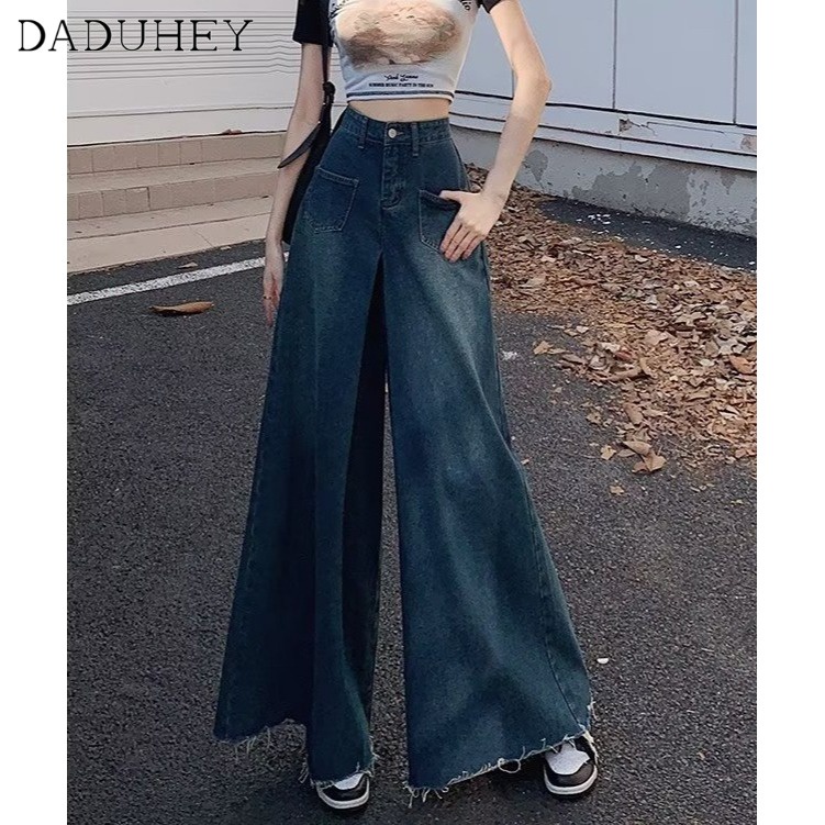 DaDuHey New Korean Version of Ins Retro Raw Edge Jeans High Waist Loose Wide Leg Pants Large Size Trousers