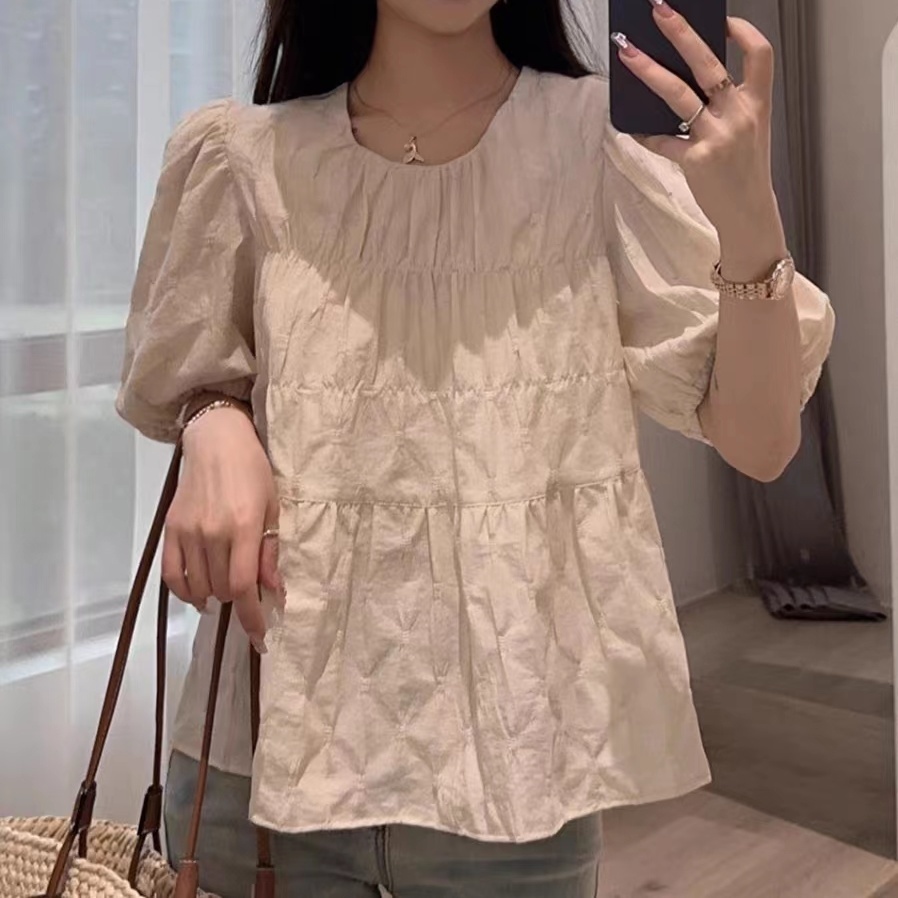 Áo Kiểu Tay Phồng Cổ Tròn Thời Trang Mùa Hè Pháp Cho Nữ