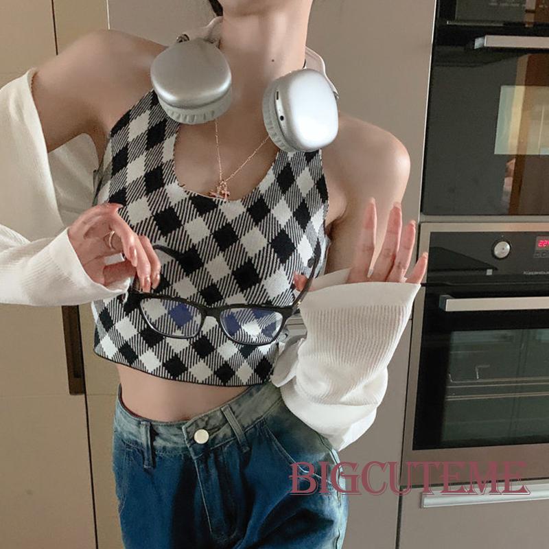 Áo Lửng Không Tay Họa Tiết Caro Thời Trang Quyến Rũ Cho Nữ