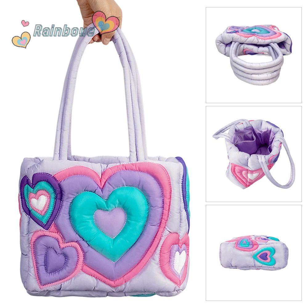 Túi Xách Tote Chất Liệu Cotton Mềm Màu Cầu Vồng Họa Tiết Trái Tim
