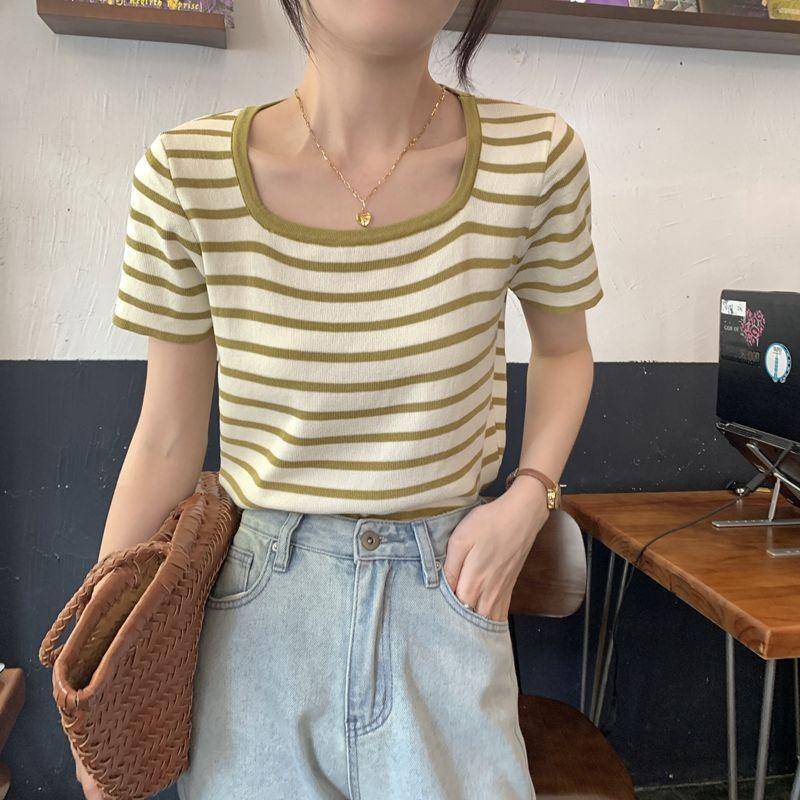 Áo Thun Dệt Kim Ngắn Cổ Vuông Họa Tiết Kẻ Sọc Thời Trang Mùa Hè 2023 Mới Cho Nữ