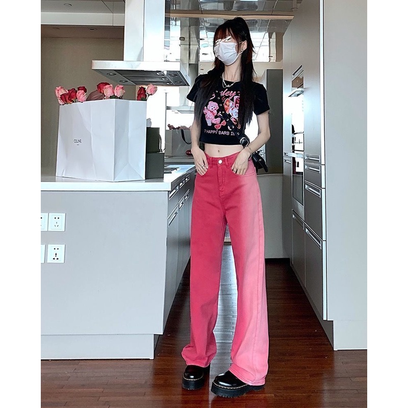 Quần Jean Nữ Ống Rộng Lưng Cao Màu Hồng Gradient Phong Cách Retro Mới