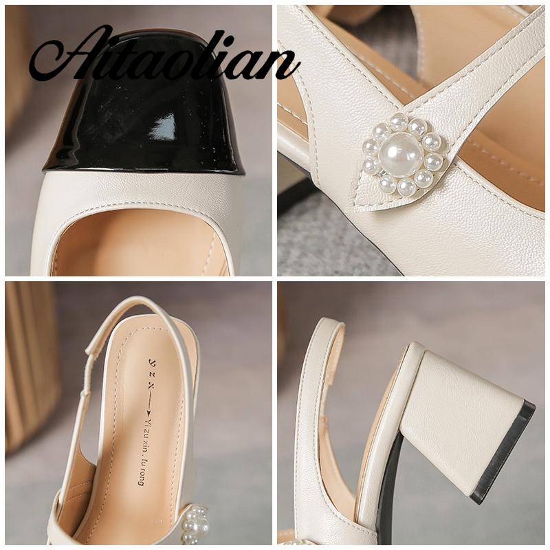 Xăng đan Cao Gót 5cm Bằng Da Thật Mũi Tròn Đế Mềm Màu Trơn Cho Nữ