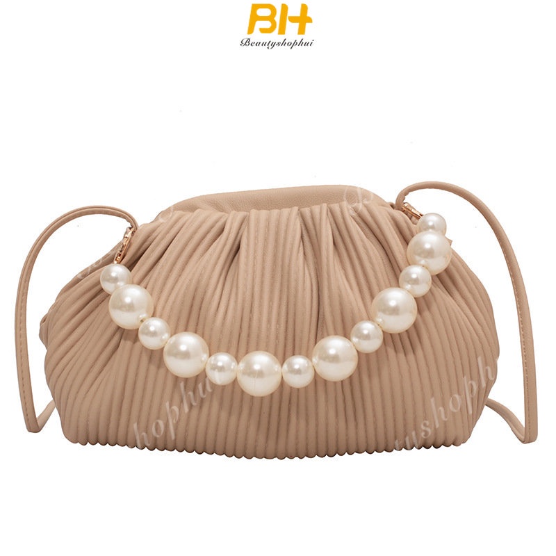 Túi Đeo Chéo Vai Một Bên Vai Màu Trơn Xếp Ly Đính Ngọc Trai Thời Trang Mới 2023 Dành Cho Bạn Nữ