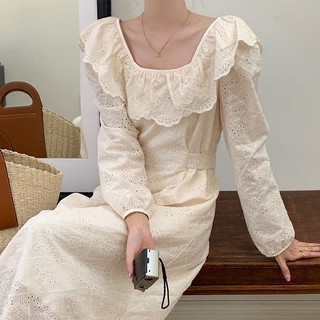 Đầm Dài Tay Cổ Vuông Họa Tiết Thêu Hoa Thời Trang Hàn Quốc Cho Nữ