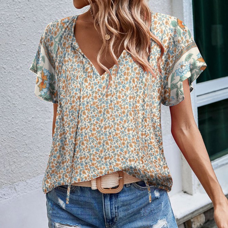 Áo kiểu nữ ZANZEA cổ V tay xếp nếp in hoa thời trang