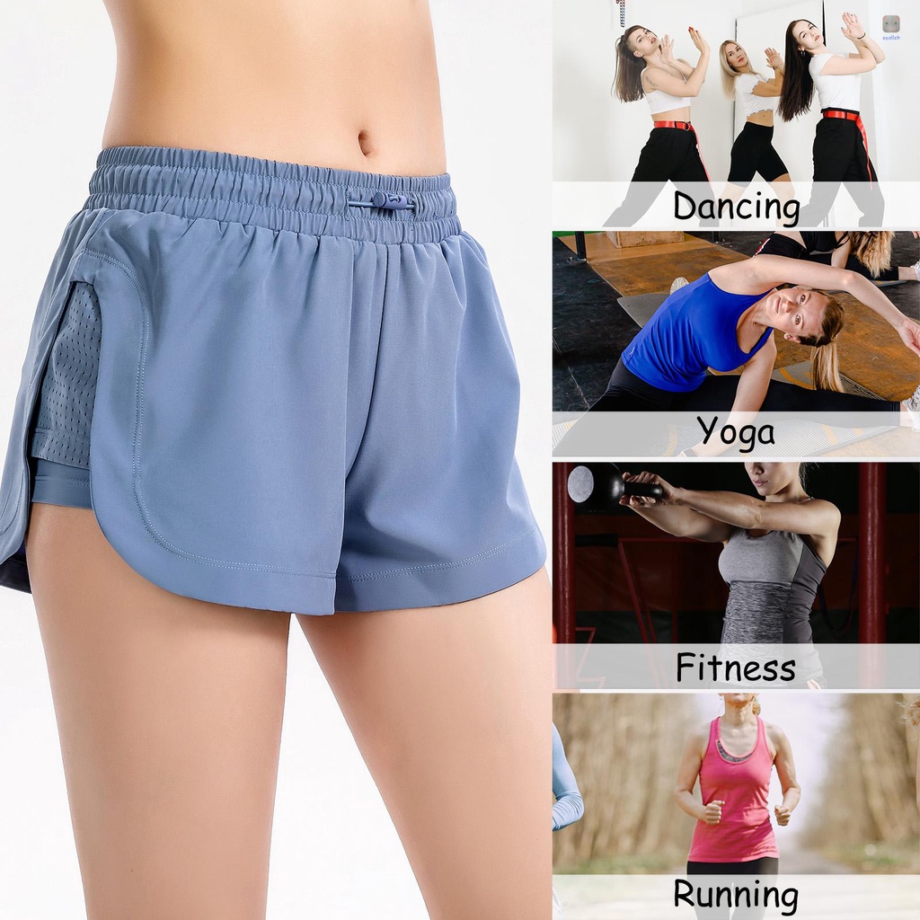Quần Short Thể Thao 2 Trong 1 Eo Co Giãn Phối Lưới Dành Cho Nữ