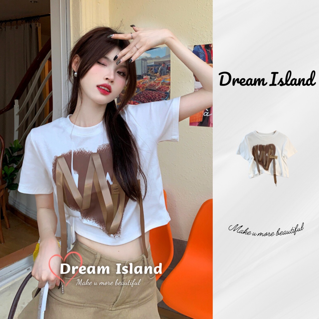 『Dream Island』Áo Thun CROPTOP Tay Ngắn Dáng Ôm Phối Ruy Băng Đơn Giản Dễ Phối Đồ Phong Cách Hàn Quốc