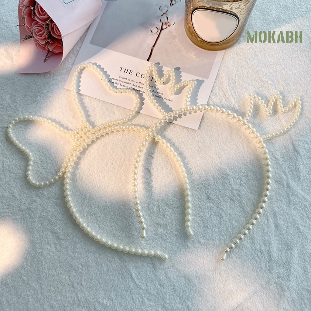 Băng Đô Hình Nơ Đính Ngọc Trai Giả Màu Trơn Co Giãn Dành Cho Nữ