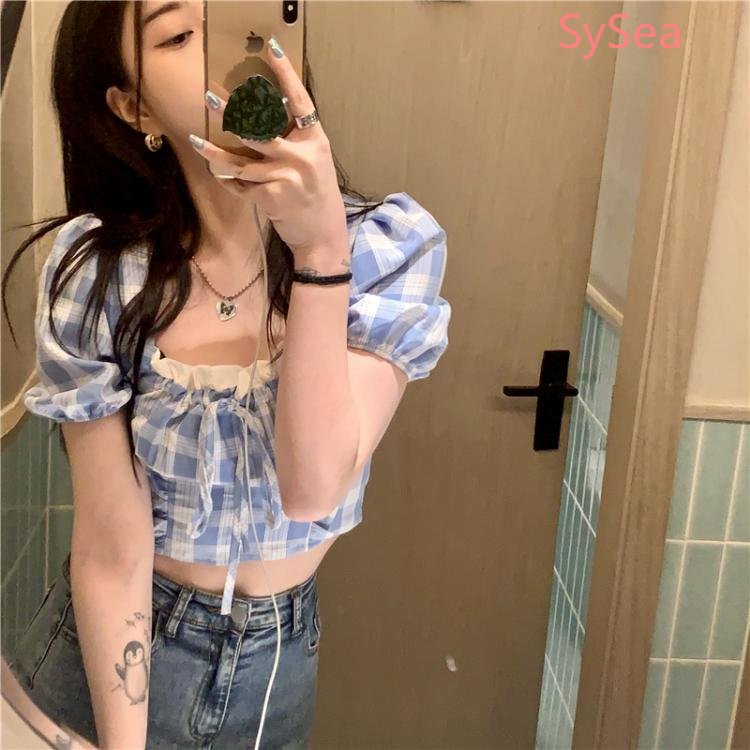 Áo Kiểu Tay Phồng Cổ Vuông Họa Tiết Sọc Caro Thời Trang Mùa Hè