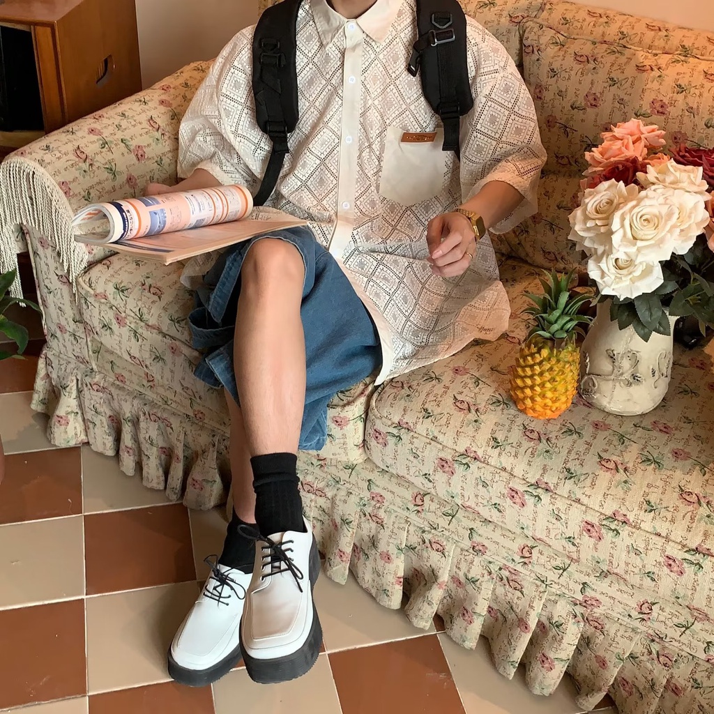 Áo Sơ Mi Phối Ren Phong Cách Nhật Bản Thời Trang Mùa Hè Dành Cho Nam Và Nữ