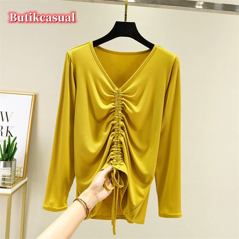 Áo Thun cotton Tay Dài Cổ Chữ v Dáng Rộng Màu Trơn Thời Trang Mùa Hè 2023 Cho Nữ