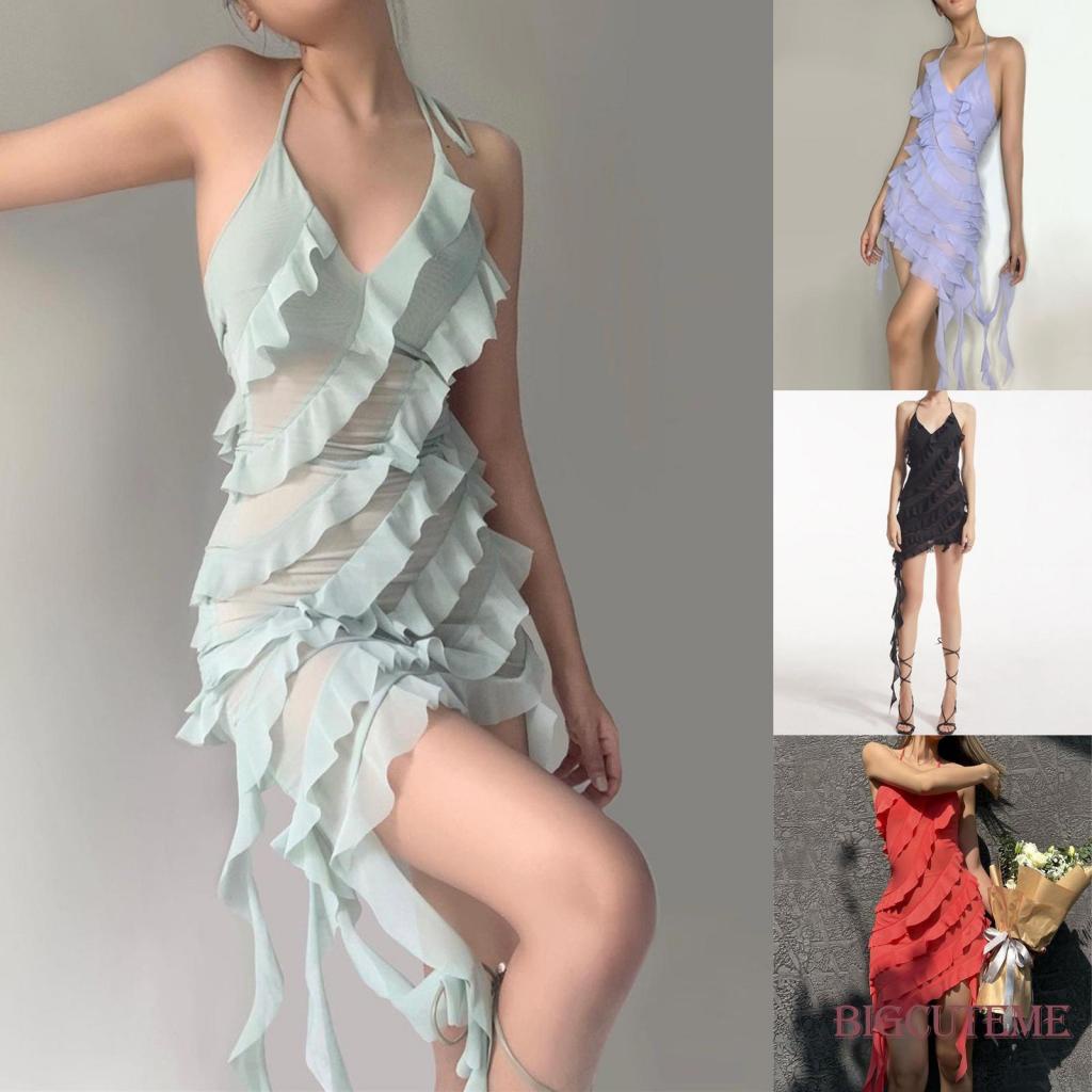 [] - Đầm Mini Không Tay Phối Lưới Màu Trơn Ôm Dáng Gợi Cảm Cho Nữ