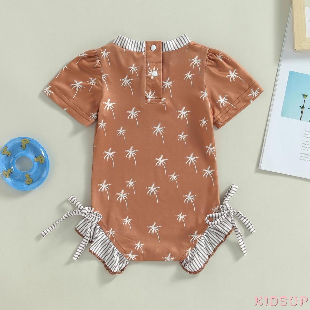Kidsup1 Bộ Áo Liền Quần Tay Ngắn Cổ Tròn In Họa Tiết Cây Dừa Đính Nơ Thời Trang Mùa Hè Cho Bé Gái