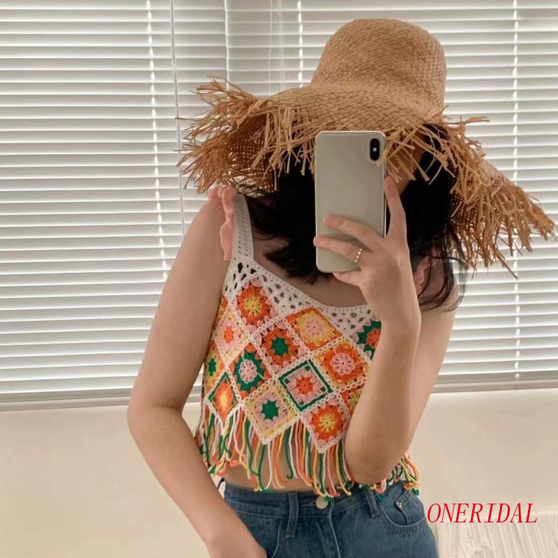 Áo Croptop Hai Dây Dáng Rộng Họa Tiết Hình Học Phối Tua Rua Nhiều Màu Sắc Thời Trang Đi Biển Cho Nữ