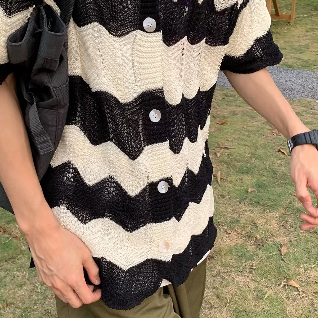 Áo polo Dệt Kim Tay Ngắn Dáng Rộng Họa Tiết Kẻ Sọc Màu Sắc Tương Phản Thời Trang Mùa Hè Cho Nữ