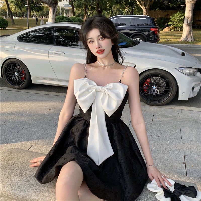 Đầm Hai Dây Jacquard Nhỏ Thắt Nơ Ba Chiều Phong Cách Hàn Quốc Ngọt Ngào Thời Trang Mùa Hè Mới Dành Cho Bạn Nữ