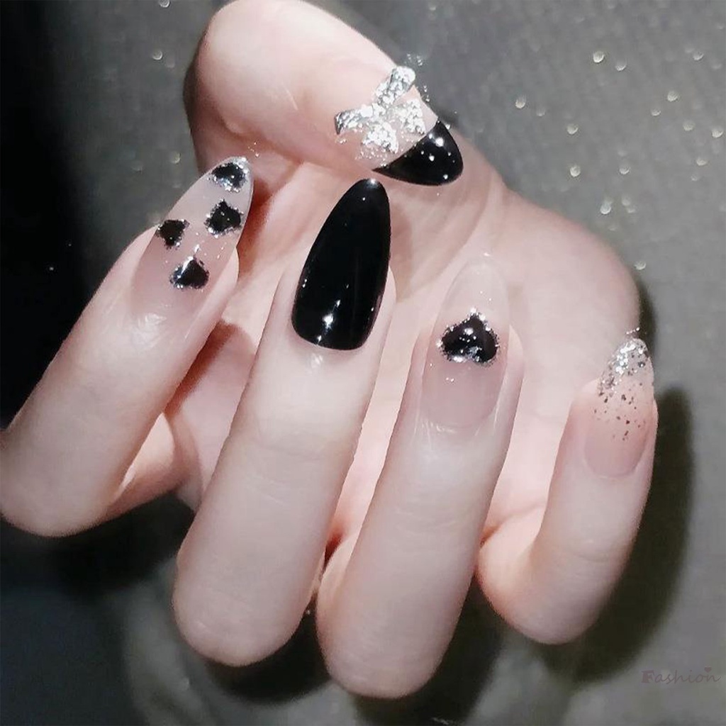 Móng Tay Giả Chống Nhòe Màu Tối Đính Nơ Xinh Xắn