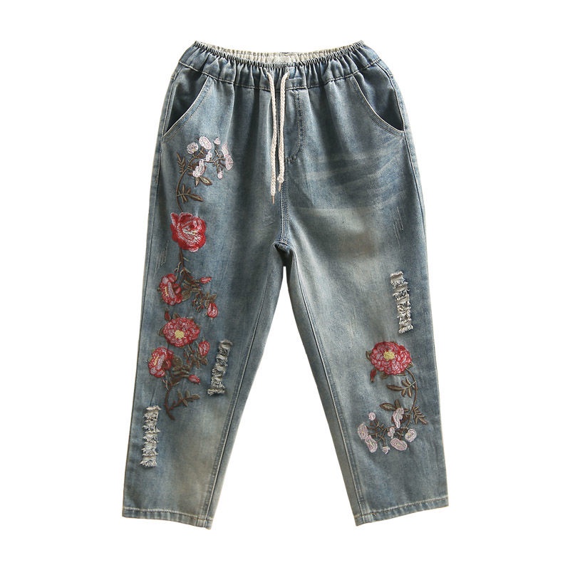 Quần Jeans Lửng Thêu Họa Tiết Phong Cách Nhật Bản Mới Cho Nữ