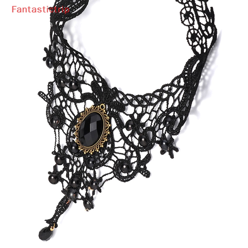 [Fantastictrip] Vòng Cổ Choker Ren Đen Đính Hạt Đá Quý Quyến Rũ Phong Cách Gothic Quà Tặng Đẹp Cho Phụ Nữ