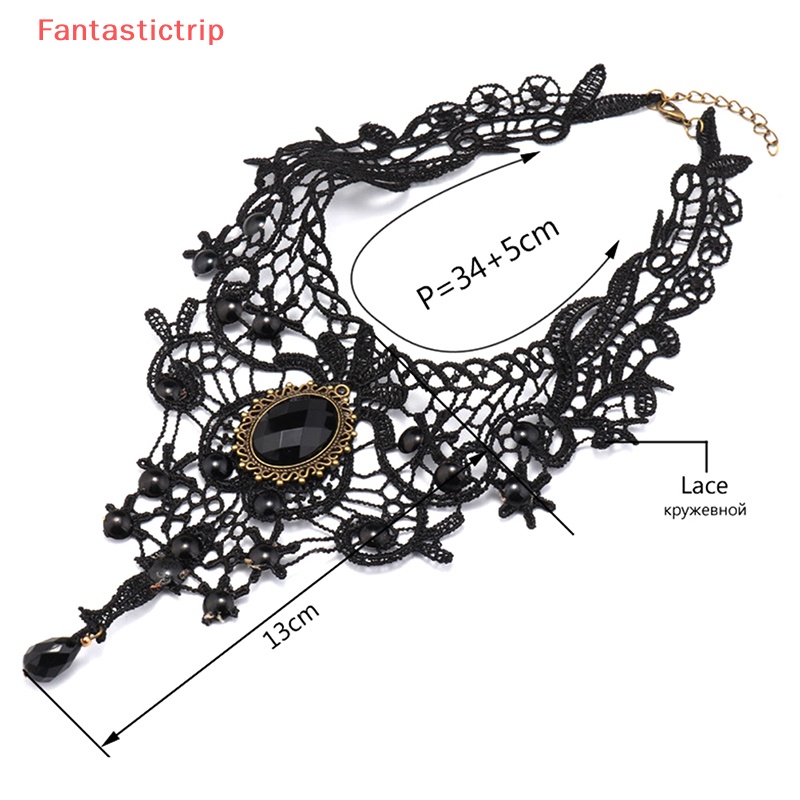 [Fantastictrip] Vòng Cổ Choker Ren Đen Đính Hạt Đá Quý Quyến Rũ Phong Cách Gothic Quà Tặng Đẹp Cho Phụ Nữ
