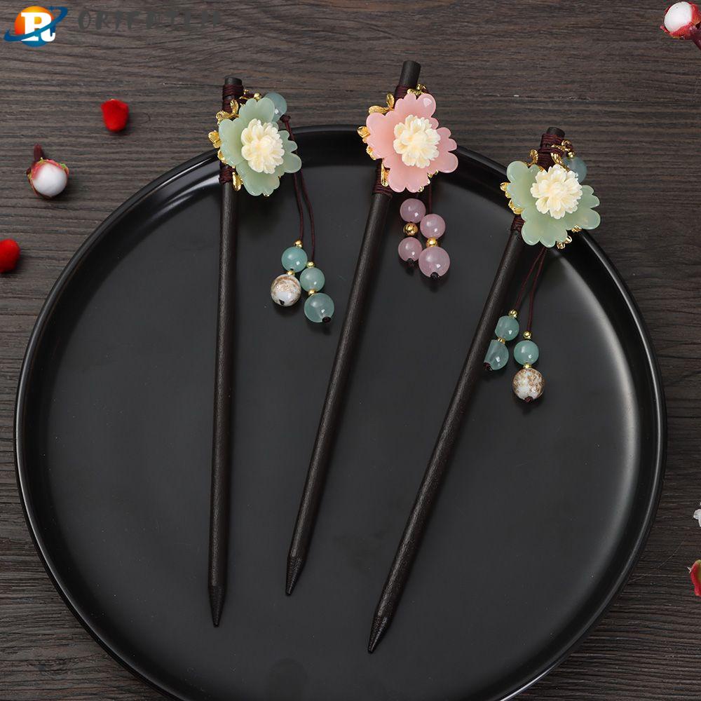 Trâm Cài Tóc Bằng Gỗ Mun Đính Hoa Phối Tua Rua Phong Cách Retro