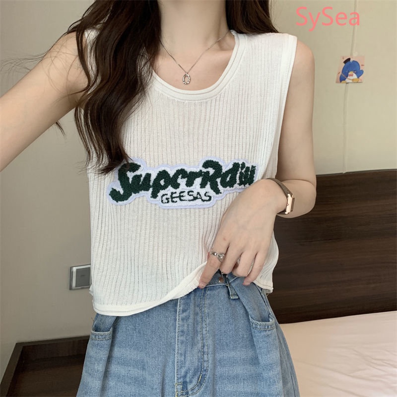 Áo Dệt Kim Sát Nách Dáng Rộng In Chữ Kiểu Retro Mỹ Xinh Xắn Cho Nữ