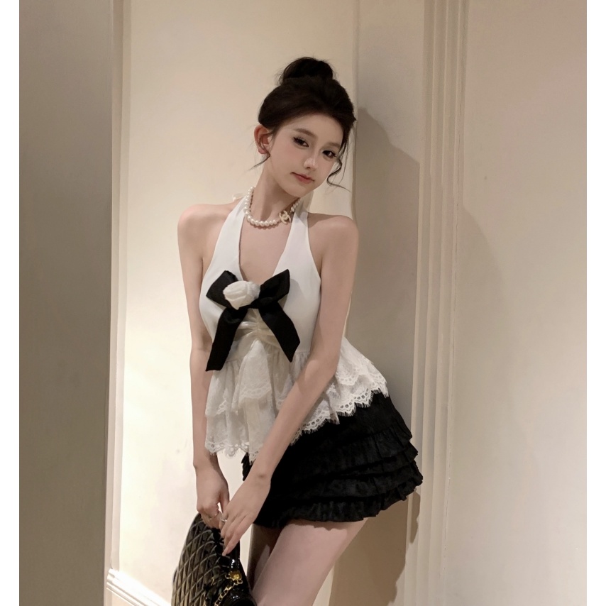 Áo Hai Dây Vải Satin Phối Ren Thắt Nơ Phong Cách Quyến Rũ Dành Cho Nữ