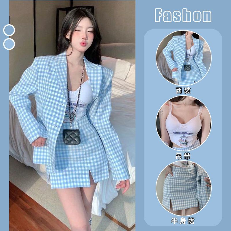 Bộ Áo Khoác Vest Kẻ Sọc + Áo Hai Dây + Chân Váy Lưng Cao Dáng Ôm Thời Trang Mùa Xuân Mới 2022 Cho Nữ
