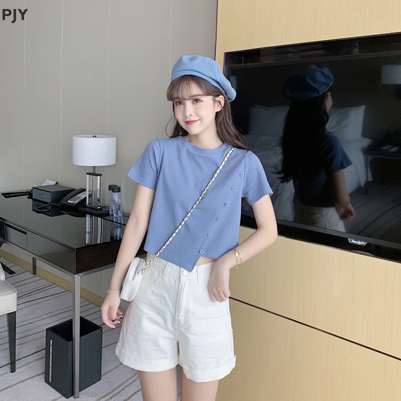 Áo Thun Crop Top Tay Ngắn Màu Trơn Cài Nút Thời Trang Mùa Hè Xinh Xắn Cho Nữ