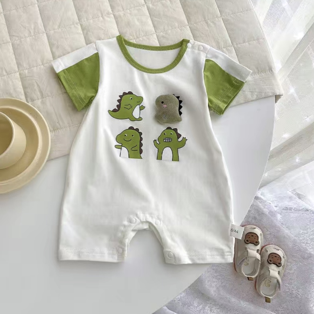 Bộ Áo Liền Quần Bằng Cotton Tay Ngắn In Hình Khủng Long Hoạt Hình Dễ Thương Thời Trang Mùa Hè Cho Bé 0-2