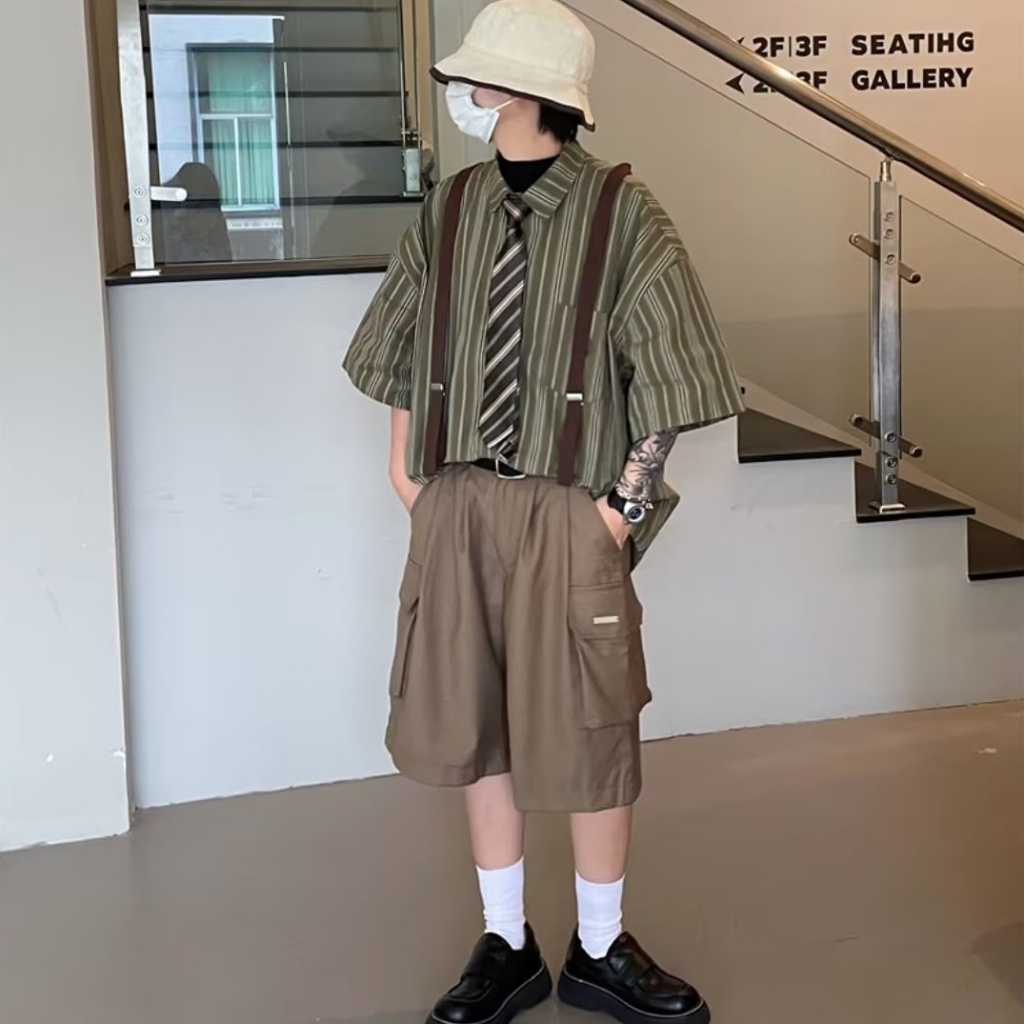 Áo Sơ Mi Tay Lỡ Cổ Vuông Họa Tiết Kẻ Sọc Thời Trang Trẻ Trung Cho Nam