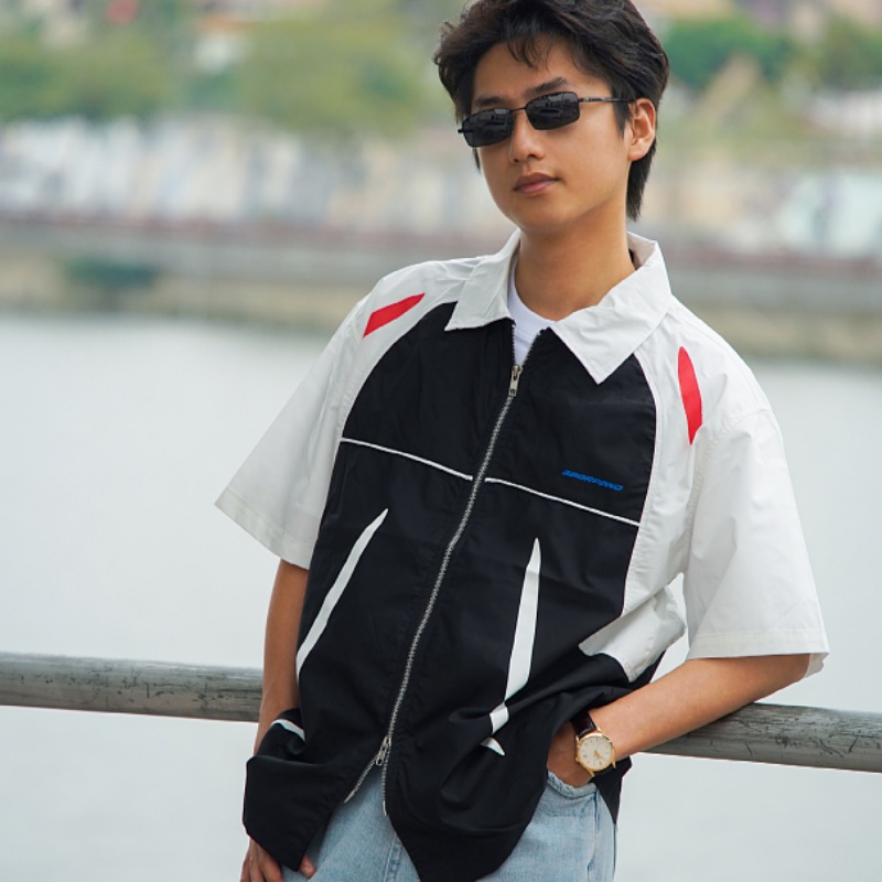 Áo Sơ Mi Tay Ngắn Dáng Rộng Có Khóa Kéo Đôi Màu Sắc Tương Phản Phong Cách Đường Phố Mỹ Cá Tính Cho