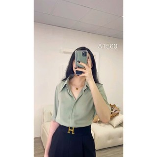 Áo sơ mi công sở lụa cộc tay nẹp giấu cúc cổ V 130B