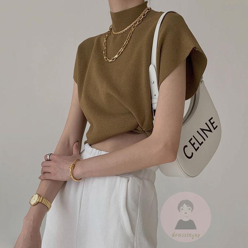 Áo Thun Dệt Kim Sát Nách Cổ Cao Màu Sắc Đơn Giản Thời Trang Mùa Hè Cho Nữ