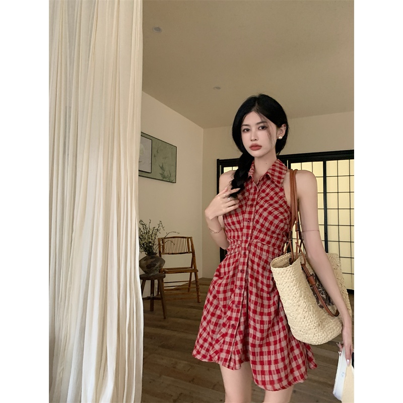 Đầm Chữ A Cổ Yếm Họa Tiết Sọc Caro Phong Cách Cổ Điển Thời Trang Mùa Hè Mới Cho Nữ