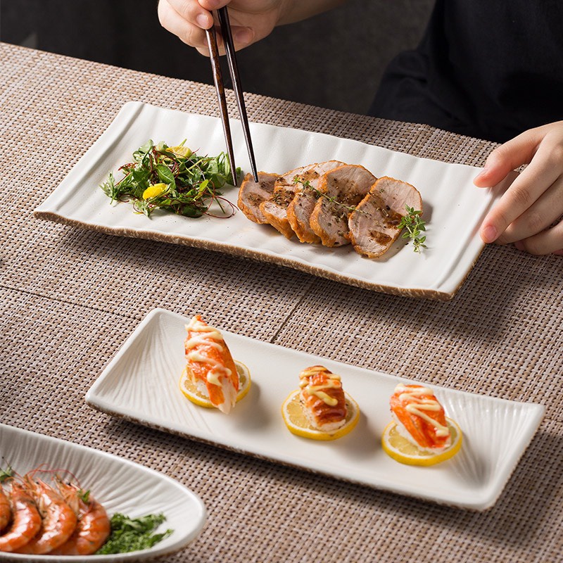 (CÓ SẴN) Đĩa sứ cao cấp, đĩa sushi, đĩa oval, đĩa chữ nhật vân sọc, đĩa nhà hàng