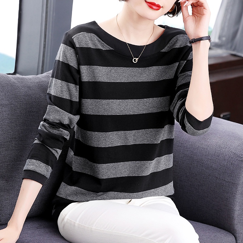 Áo Thun Tay Dài Plus Size Bằng Cotton Với Họa Tiết Sọc Dùng Cho Nữ