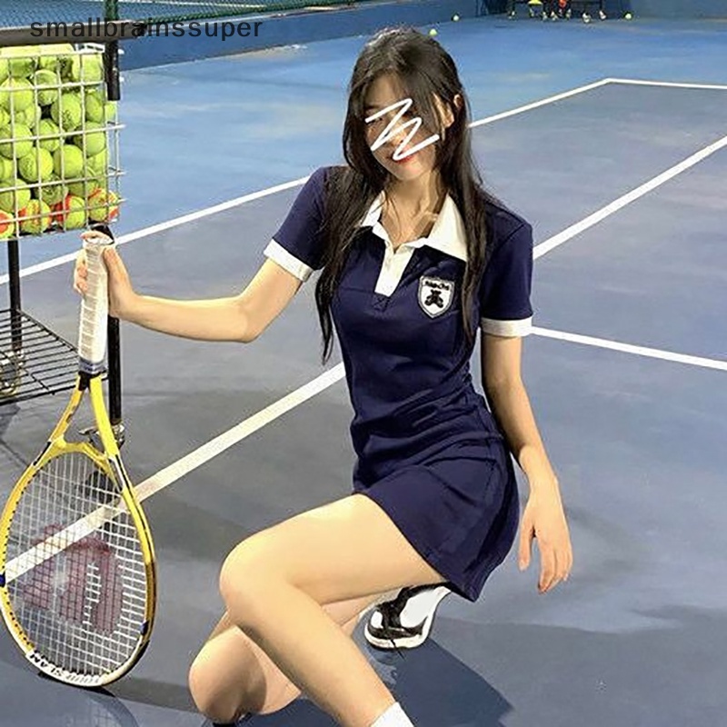 Đầm Thể Thao Mini Cổ Bẻ Thêu Họa Tiết Màu Tương Phản Thời Trang Cho Nữ SBS