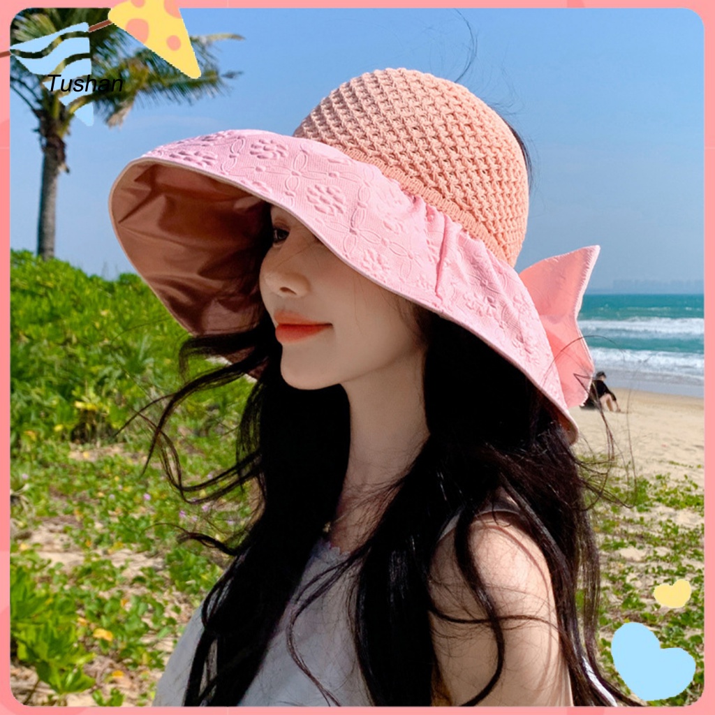 [Ts] Mũ Bucket Dệt Kim Vành Rộng Hở Chóp Trang Trí Nơ Dập Nổi Thời Trang Đi Du Lịch Dành Cho Nữ