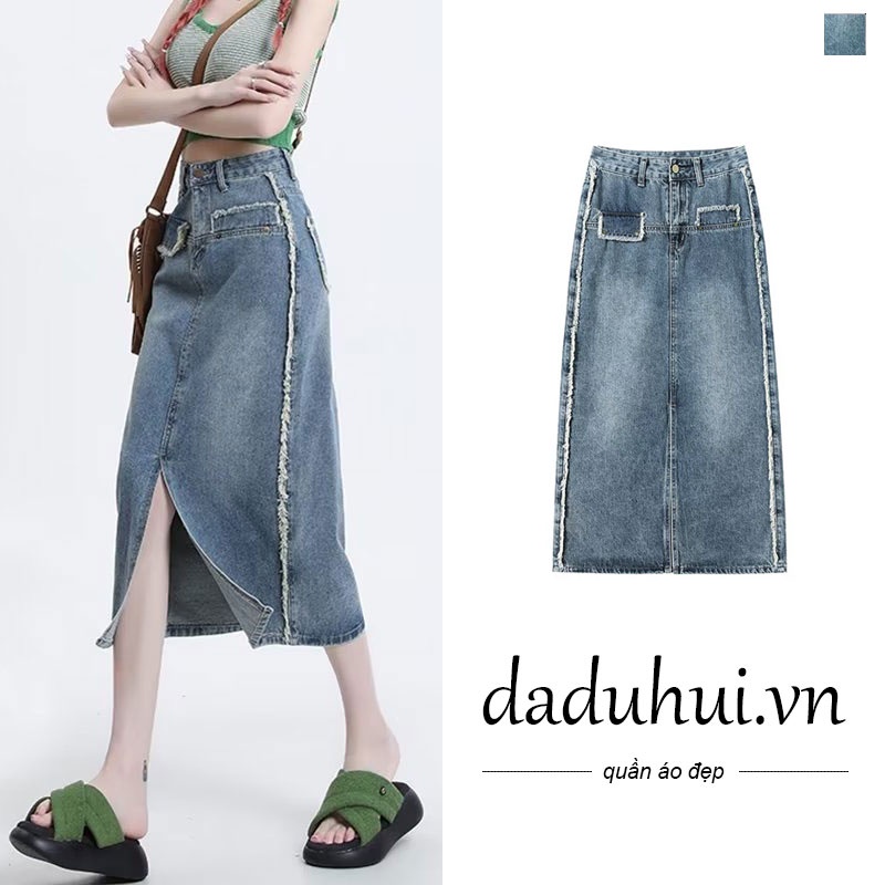 Daduhui New Korean Version of Ins Retro Raw Edge Slit Denim Skirt High Waist Loose A Word Long Skirt Bag Hip Skirt