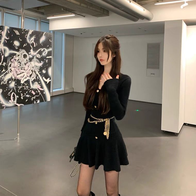Yujie Đầm Sweater Dệt Kim Ngắn Tay Dài Thiết Kế Gợi Cảm Chống Cựt Màu Trơn 6Tb