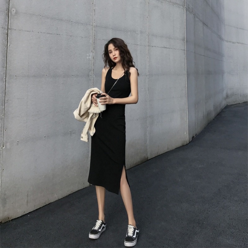Đầm Hai Dây Cổ Tròn Dáng Chữ A Màu Đen Phong Cách Hàn Quốc Thời Trang Quyến Rũ Cho Nữ