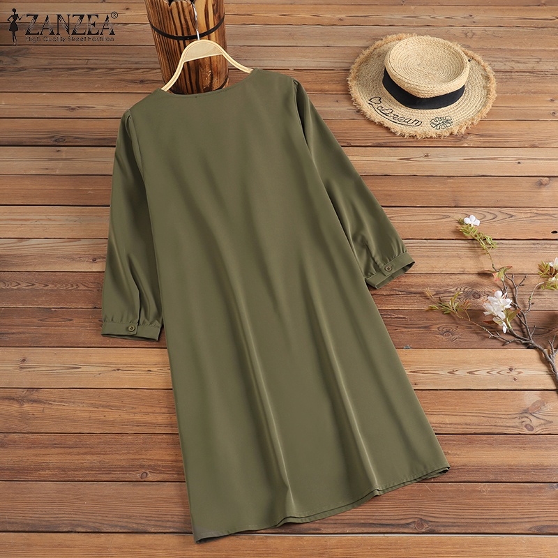 Zanzea Đầm Nữ Tay Lửng Cổ Tròn Thời Trang