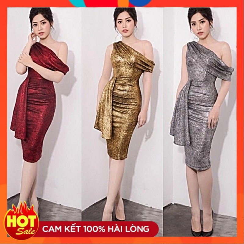 ĐẦM BODY KIM TUYẾN CỔ CHÉO HỞ MỘT BÊN VAI EO ĐÍNH DÚN BÈO CAO CẤP - Yêu Shop 85