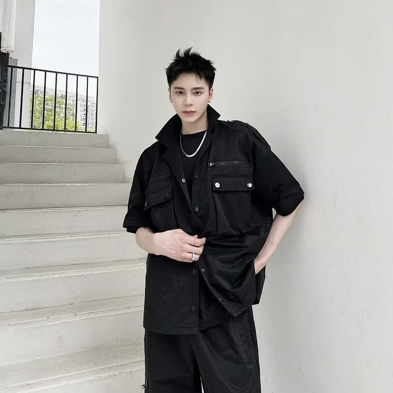 Áo Sơ Mi Ngắn Tay Dáng Rộng Nhiều Túi Phong Cách Đường Phố Nhật Bản Cá Tính Dành Cho Nam