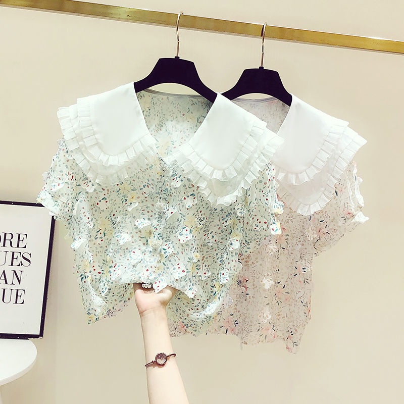 Áo Sơ Mi Chiffon Tay Ngắn Cổ Búp Bê Họa Tiết Hoa Thời Trang Mùa Hè 2023 Cho Bé Gái