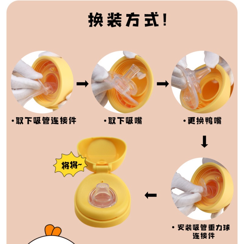 Bình Uống Nước 300ml Hình Vịt Hoạt Hình Kèm Ống Hút Tiện Dụng Cho Bé