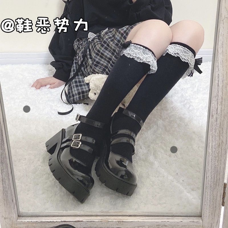 Giày Cao Gót Da Mềm Mũi Vuông Phong Cách Lolita Xinh Xắn