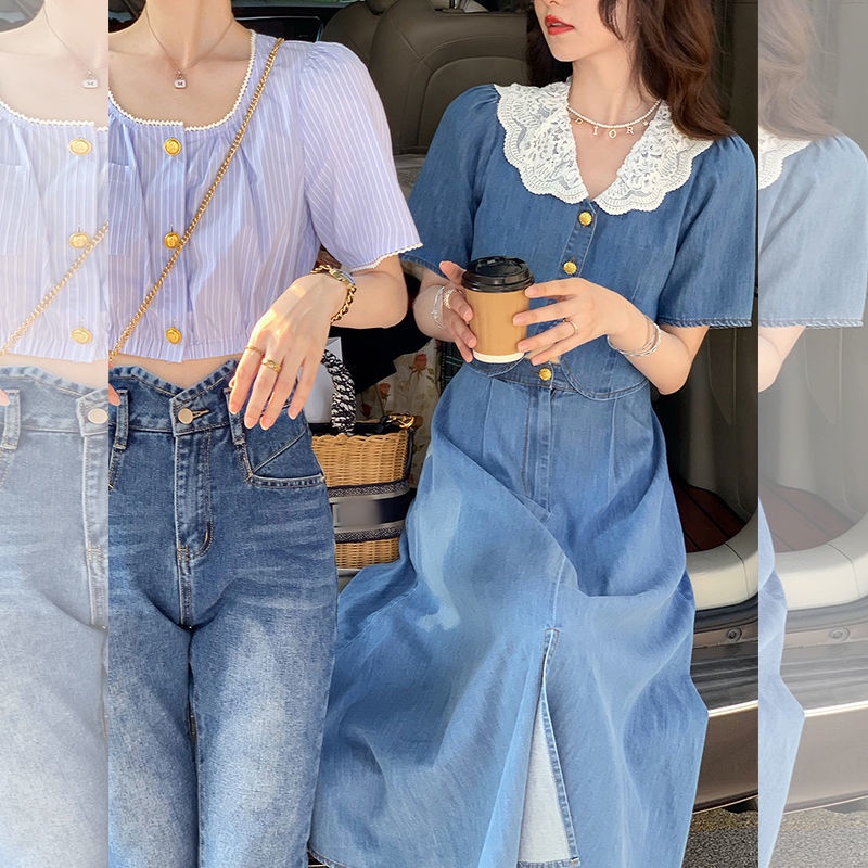 Đầm Chữ A Cổ Búp Bê Phối Ren Màu Xanh Dương Phong Cách Pháp Ngọt Ngào Thời Trang Mùa Hè Cho Nữ